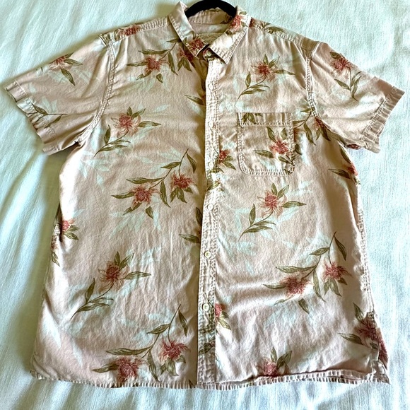 American Eagle Mens XL Shirt Pink Cotton Linen Short Sleeve Button Floral - Picture 1 of 9
